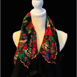 100% VIBRANT FLOWERED WOOL SQUARE SCARF MADE IN JAPAN 38” X 38”